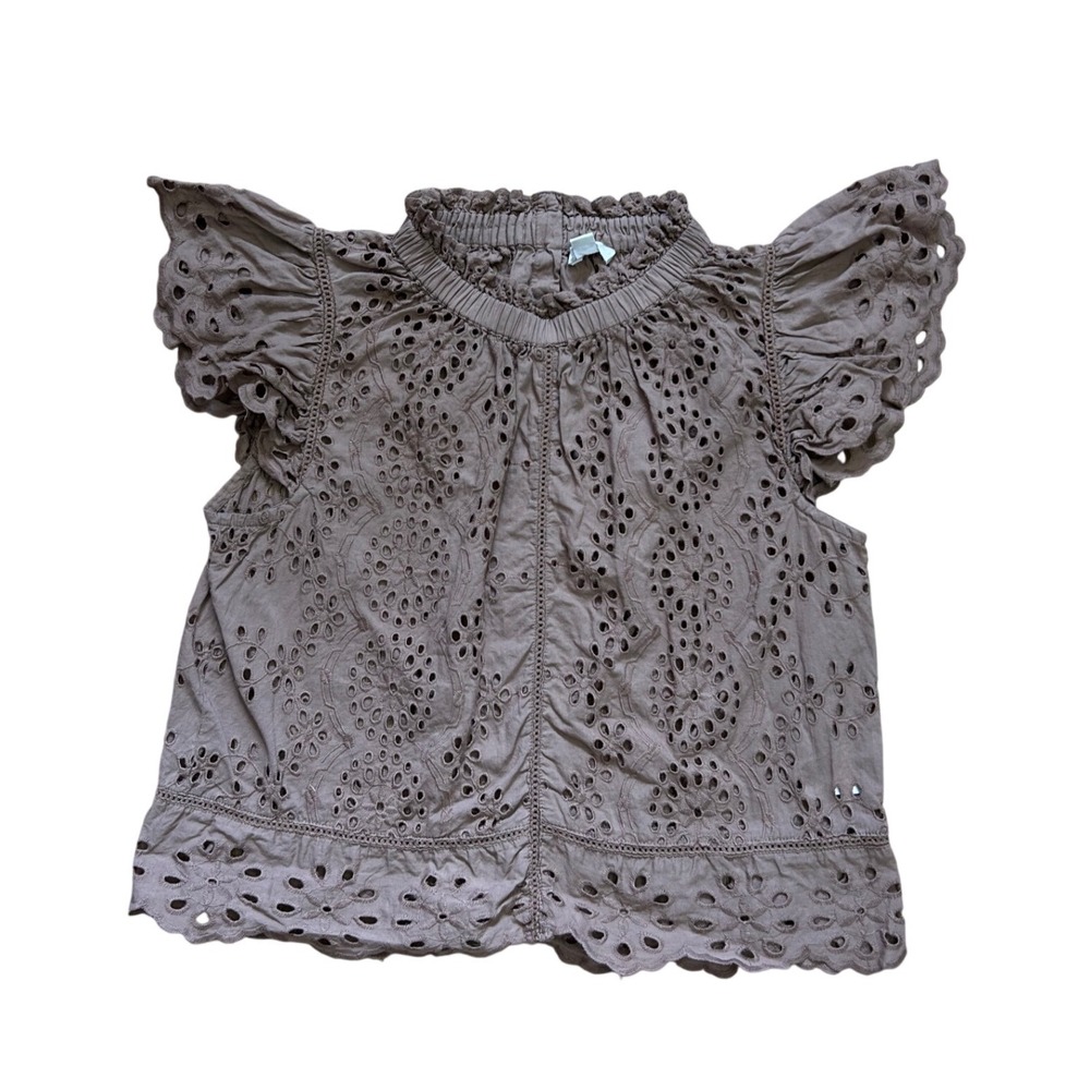 Eyelet Lace Ruffle Blouse Brown Cotton Boho Coquette Top Small Cottage western